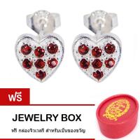 Tips Gallery ต่างหู เงินแท้ 925 ทรงหัวใจ 8 มิล ฝัง เพชร  CZ Hearts &amp; Arrows Ruby Red   รุ่น Clairs Heart Design TES340  พร้อมกล่องของขวัญดีไซน์สวยน่ารัก