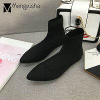 famous designer knitting ankle boots women pointed toe stretch fabric slip on botas mujer flat heel comfortable elastic booties