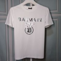 เลื่อมเงินเดิม Balmain∮ ปารีสผู้ชายและผู้หญิงไหล่แขนสั้นหัวเข็มขัดทองแขนสั้นเสื้อยืดงานหนักผ้าฝ้ายสีเงินร้อนเสื้อยืด