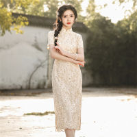 เซ็กซี่แขนสั้นผู้หญิงเย็บปักถักร้อยดอกไม้ตาข่ายลูกไม้ Qipao Elegant Mandarin Collar ชีฟอง Cheongsam ฤดูร้อนจีนทุกวัน Dress