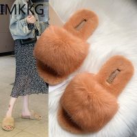 【CW】 Natural Fur Women Slippers Shoes New Rabbit Fur Slippers Home Slides Ladies Furry Indoor Flip Flops Fluffy Women Shoes F90349