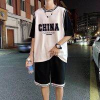 Han edition trend of mens sport suit off two short sleeve T-shirt handsome male运动套装韩版潮流男装假两件短袖T恤男帅气搭配一套休闲潮男7.17