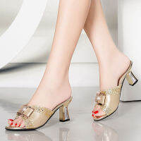 Golden PU Leather Bling Sequins Women Thick Heel Slippers Luxury Peep Toe Light Non-Slip Outside Party Shoes Platform Sandals