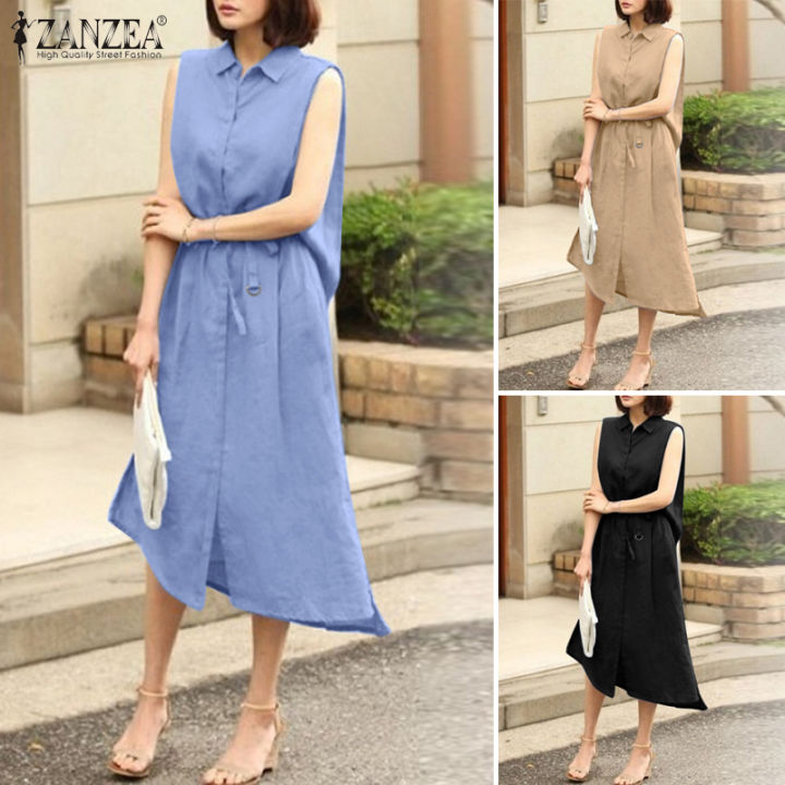 Clearance Sale)(Freeshipping) Esolo ZANZEA Korean Style Women Summer  Sleeveless Asymmetric Shirt Dress Cotton Ladies Holiday Dresses KRS #11