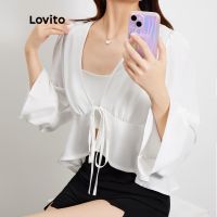 (เซเลปเลือก) Lovito เสื้อเบลาส์ แบบย่นด้านหน้า คอวีลึก มีเชือกผูก สีพื้น สไตล์วินเทจ L16D015(สีขาว)