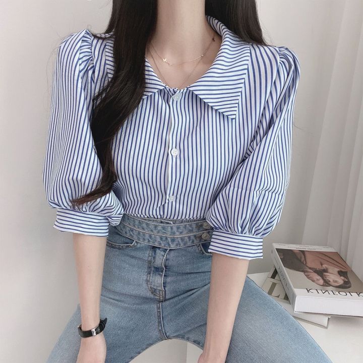 korean-chic-spring-minority-all-match-lapel-single-breasted-design-loose-puff-sleeves-striped-shirt-top-for-women-2023