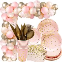 [Afei Toy Base]Pink Gold Party Disposable Tableware ชุดแผ่นกระดาษถ้วยหลอดผ้าเช็ดปากบอลลูน Garland เด็ก1st วันเกิด Baby Shower Girl Decor