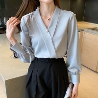 COD dhdfxcz 【imove】Elegant Ladies Formal Office Blouse Korean Style Women Ladies Loose Satin V-neck Chiffon Shirt Long Sleeve Pearl Decorative Shirt