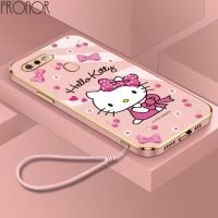 Casing OPPO A3S A12E A15S A12 A12S A5 A9 A8 A31 2020 A15 A15S A35 A16 A16S A54S A16K A16E Ultra-thin Plating Square Lovely Cartoon Hello Kitty Silicone Case with Lanyard Phone Case