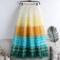 Jupe Femme Ete 2022 Spring Party Skirt Elastic High Waist Long Tulle Skirt Women Multilayer Ruffles Pink Mesh Tutu Skirt Ladies