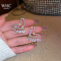 WHC Jewelry แฟชั่นชุบทองฝังเพชรเงาเพทายพู่หัวใจต่างหูสำหรับผู้หญิง