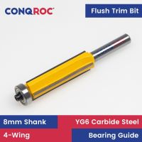 8mm Shank 4-Wing Flush Trim Router Bit พร้อมแบริ่งด้านบนเครื่องตัดไม้แบบกัด 3-Option ความยาวตัด-30 | เปิดดู 40 | 50 มม.