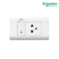 Schneider Electric : ชุดปลั๊กเต้ารับ 3ขา มีกราวด์+สวิตช์สองทาง ขนาด 1ช่อง พร้อมฝาครอบสีขาว"มีพรายน้ำ และ สวิตช์แบบกดเด้งกลับ" | ZENcelo I PlugOn