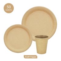 50Guests 150pcs Kraft Paper Tableware Sets Disposable Plates Cups Birthday Party Decration Supplies Eco-Friendly