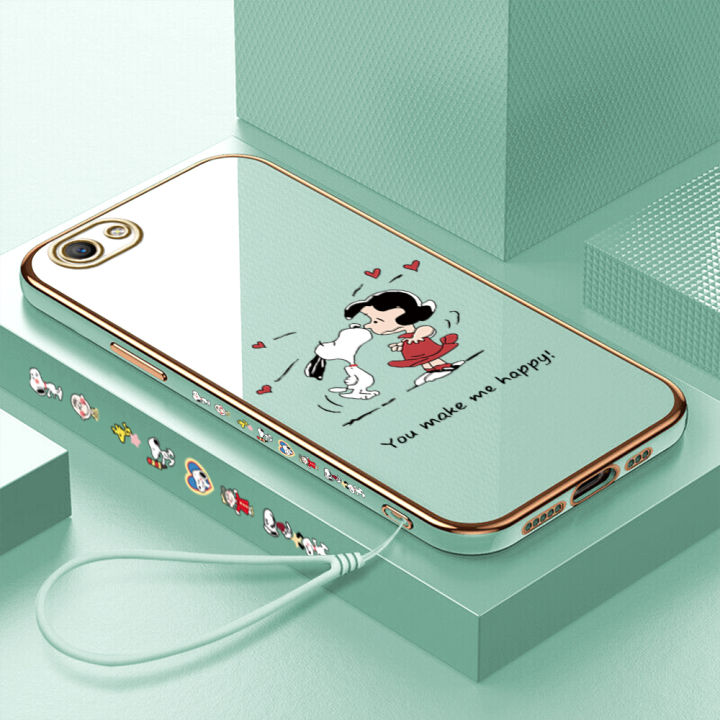 serpens-สำหรับ-oppo-a59-f1s-ฟรีสายคล้องการ์ตูนสนูปี้เคสโทรศัพท์เคสลายขอบสี่เหลี่ยมชุบหรูหราเคสโทรศัพท์นิ่ม