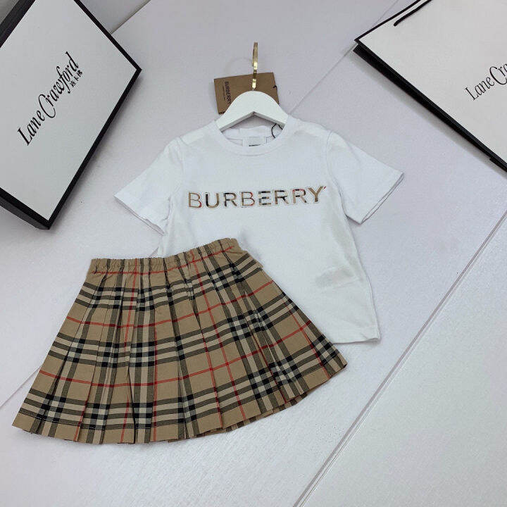 burberry-ฤดูร้อนคลาสสิกลายสก๊อตพิมพ์ชุดกระโปรงแขนสั้นสองชิ้นสไตล์ตะวันตกสาวอารมณ์ระดับไฮเอนด์