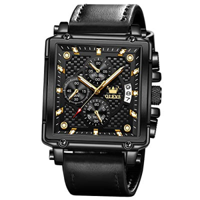 OLEVS Square Watches for Men Brown Leather Chronograph Fashion Business Watch Luminous Waterproof Casual Wrist Watches Black Leather black face