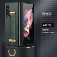 เคสสำหรับ Samsung Galaxy Z Fold 5 4 3 2ปกหนังหรูหราพร้อมห่วงโลหะสายรัดข้อมือแบบพกพาสายคล้องมือขาตั้ง