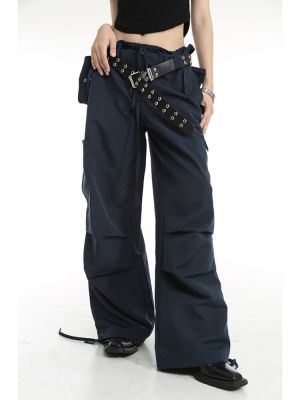 กางเกงจ็อกเกอร์ลำลองสำหรับผู้หญิงกางเกงวินเทจเอวต่ำ Y2K กางเกง Tech กางเกงขายาวแบบหลวมมีเชือกรูดกางเกงขากว้างกางเกงคาร์โก้สตรีทแวร์