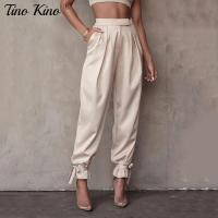 HOT★Satin Spring High Waist Women Harem Pants Fashion Lace Up Pockets Loose Casual Pleated Pencil Trousers 2023 Summer Streetwear