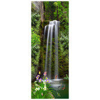 Park Waterfall View 3D Wall Art ไวนิลภาพจิตรกรรมฝาผนังสติกเกอร์ประตูน้ำสีเขียวต้นไม้ดอกไม้สีแดงทิวทัศน์โปสเตอร์วอลล์เปเปอร์77*200ซม.