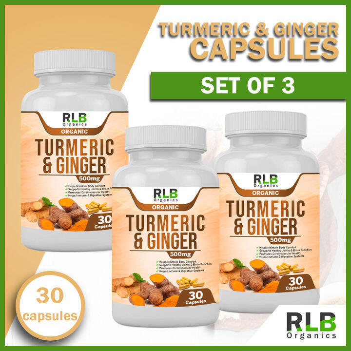 Set of 3 Organic Pure Natural Turmeric and Ginger Capsules (30