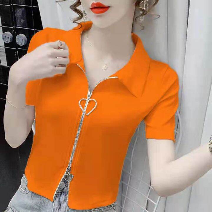 Zipper Tshirt Women Trendy ins Summer New Slim High Waist Crop Tops