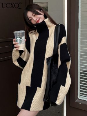 ♂✘✌ UCXQ Patchwork Striped Sweaters New Turtleneck Knitted Pullovers Loose Sleeve Warm 10AB3283