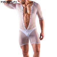 CODwumei04 INCERUN Mens Breathable Short Sleeve Buttons Down Sexy See Through Jumpsuits