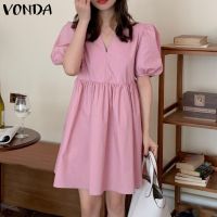 ∈❀ VONDA Women Casual Korean Short Sleeve V Neck Holiday Plain Pleated Short Dress