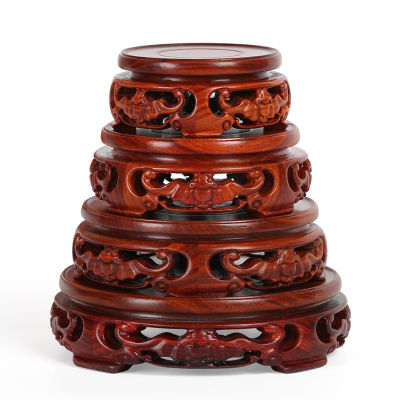8-15cm Diameter Red Sandalwood Pierced Vase Base Carved Bat Pattern Flower Vase Stone Teapot Mahogany Buddha Jade Base