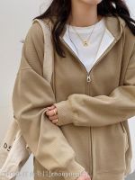 ☽ Lazy style retro age-reducing khaki hooded coat for autumn and winter plus velvet to keep warm and loose and slim zipper cardigan top