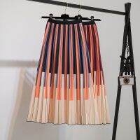 Spring And Summer Temperament Stripe Art Fan Red Pleated Skirt Retro Patchwork Sen Half-length Skirt Piano Printing