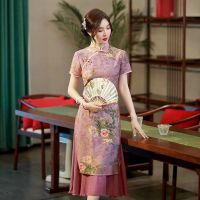 ผู้หญิงขนาดบวกผ้าฝ้าย Cheongsam แขนสั้นวินเทจชุดที่เป็นทางการพรรคเครื่องแต่งกายสไตล์จีนยาว Qipao สีเบจสีม่วง