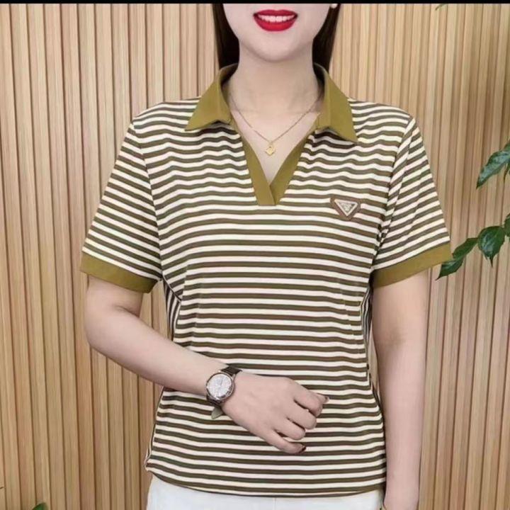 เสื้อยืดคอวีเข้ารูปสำหรับผู้หญิง-ฉบับภาษาเกาหลีแขนสั้นลายทางโอเวอร์ไซส์100กก-สามารถใส่ในอินเทอร์เน็ตได้สไตล์เซเลบริตี้เสื้อโปโล