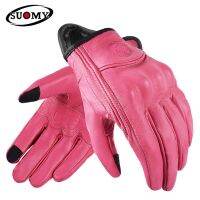 Vintage Pink Motorcycle Gloves Suomy Real Leather Motocross Gloves Retro Summer Autumn Motorbike Gloves Racing Men Woman