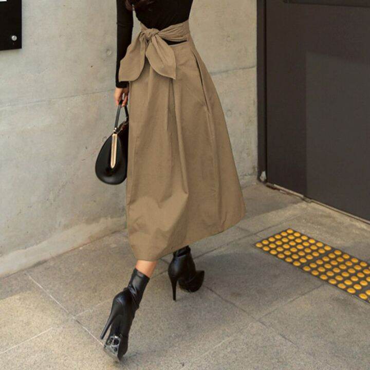 mexzt-high-waist-bow-skirts-women-korean-fashion-solid-big-swing-female-a-line-midi-skirts-elegant-all-match-slim-skirts