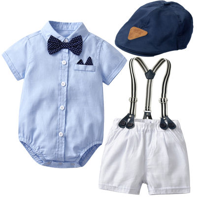 Summer Baby Clothing Sets Newborn Infant Baby Boys Clothes Suit Short Sleeve Gentleman Romper Shorts Suit Hat 3PCS Outfits for Baby 0-18 Months fw1