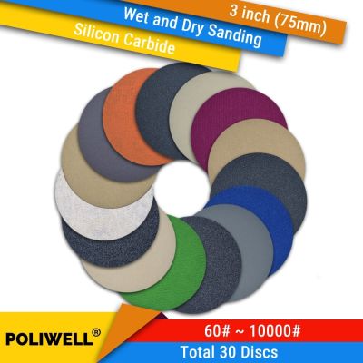 30PCS 3 Inch(75mm) Silicon Carbide Hook&amp;Loop Flocking Waterproof Sanding Discs for Wet/Dry Sanding Round Abrasive Sandpaper