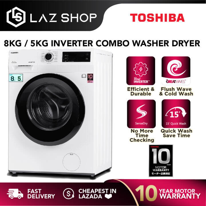Toshiba (8KG/5KG) Real Inverter Front Load 2 In 1 Washer Dryer TWDBK90S2M Combo Washer Dryer