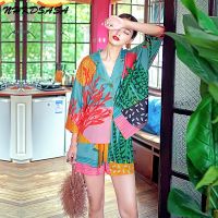 【JH】New Women Pajama Set Hand Drawn Art Tropical Plants Pyjama Set Silk Like Nightwear Shorts Home Wear Clothes Sleepwear Homewear