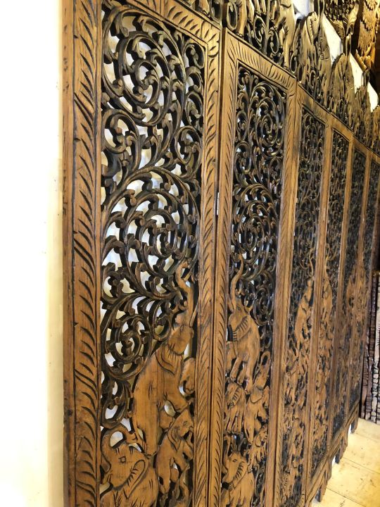 ม่านกั้น-ฉากกั้นห้อง-ไม้สักฉลุ-สูง-180-x-210-ซม-6-พับ-แกะสลัก-2-ด้าน-ฉากกั้นไม้สัก-ช้างแกะสลัก-ประตูไม้สัก-สวย-elephant-teak-wooden-carved-room-divider-partition-wall