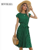 MOVOKAKA Summer Green Polka Dots Folds Dress Women Elegant Casual Office Lady Vestidos Party O Neck Flying Sleeve Midi Dresses