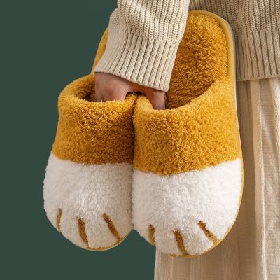 Comwarm Winter Warm Plush Slippers Cute Cat Paw Designer House Women Fur Slippers Floor Mute Bedroom Lovers Indoor Fluffy Shoes