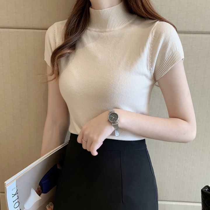 เสื้อยืดถักสไตล์เกาหลีคอเต่าครึ่งตัวสำหรับผู้หญิงเสื้อบางแขนสั้นเสื้อเข้ารูปยาวถึงก้น