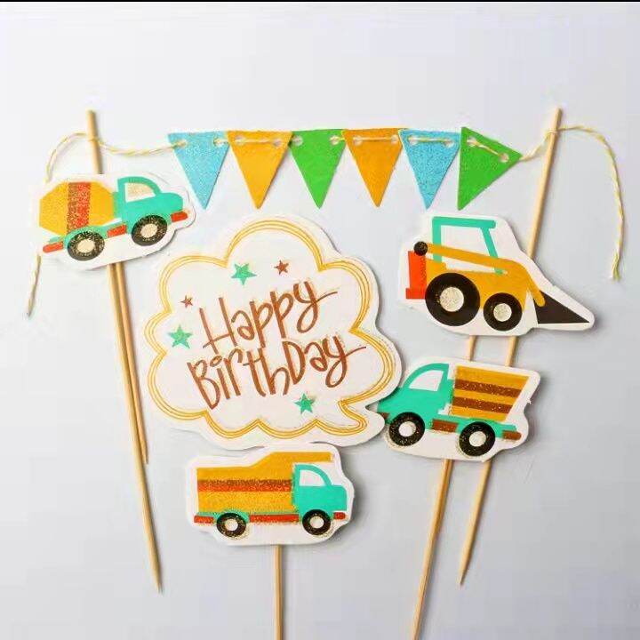 Ins Topper Engineering Truck Theme Paper Card Cake Topper Plug In