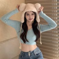 ﹍✷✕ Faux Mink Fleece Long-Sleeved Knitted Bottoming Shirt Womens Pullover Slim-Fit Short Sweater Sexy Solid Color V-