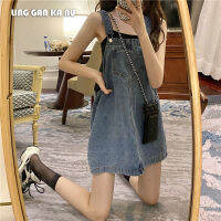 LING GAN KA NU ผู้หญิง Denim ชุดแฟชั่นฝรั่งเศสเยาวชน Retro สายรัดอารมณ์บางสแควร์คอกระโปรงยีนส์