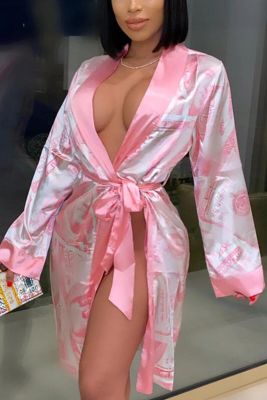 ‘；’ Womens Satin Robe Trendy Dollar Printed Long Sleeve Silky Kimono Bathrobe Sleepwear With Belt