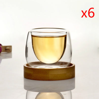 Double Wall Glass Shot Teacups Bamboo Holder Anti Hot 6 Pcs Tasse Small Espresso Coffee Cafe Puer Oolong Tea Cups Tazas Copo